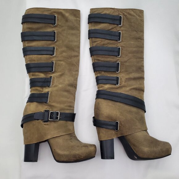 Unique Distressed Olive Green Leather Combat/Moto Boots | Multi-Strap Buckle 8.5 - Picture 5 of 11